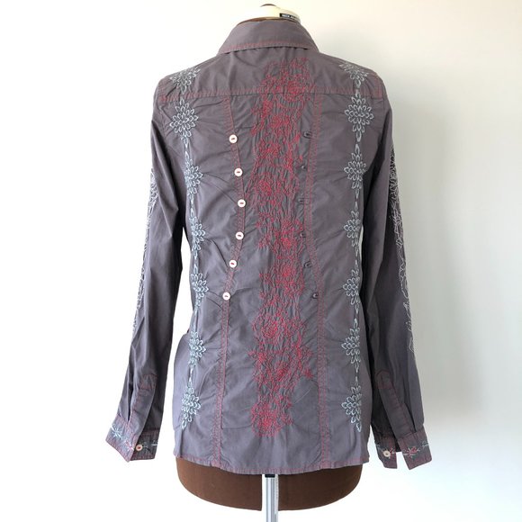 Embroidered Purple Grey Button Front Shirt - Picture 4 of 9